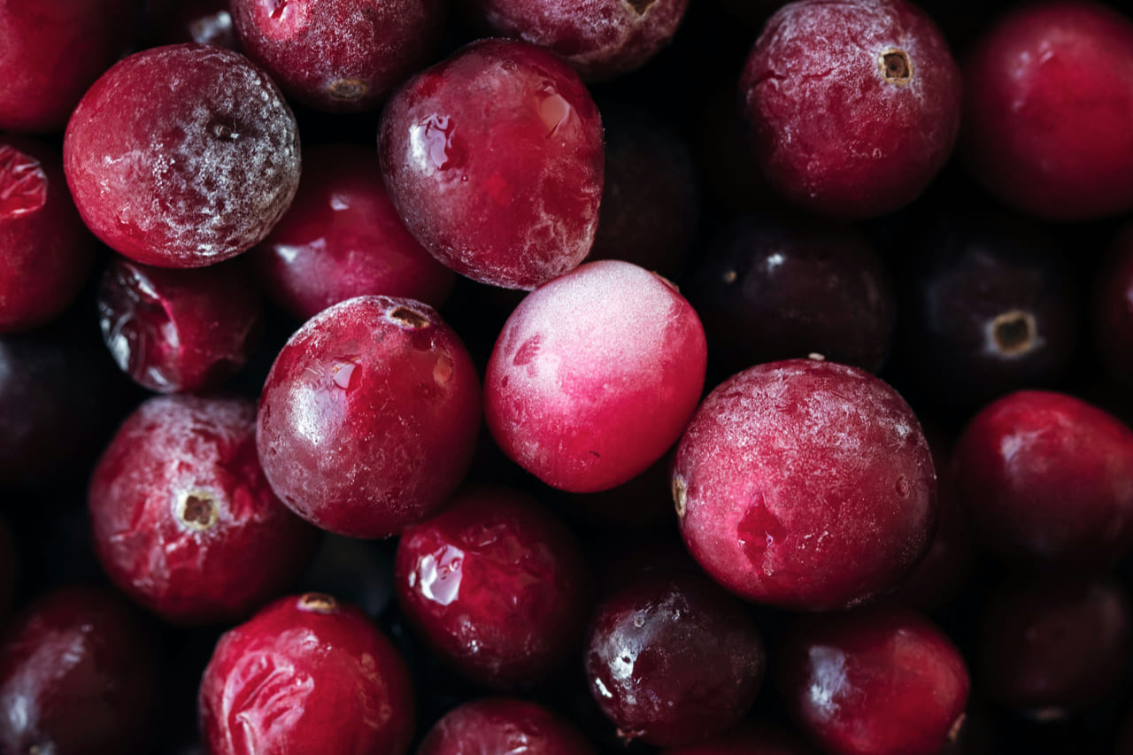A close view of fresh cranberries, some dusted with frost, in deep reds and pinks.